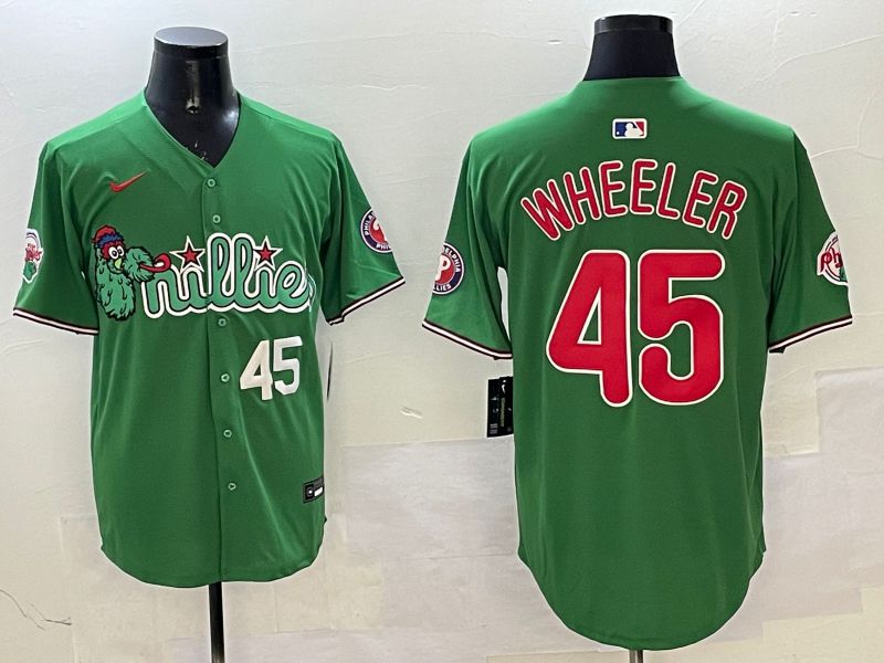 Men Philadelphia Phillies 45 Wheeler Green Three generations Joint Name Game 2025 Nike MLB Jersey style 2